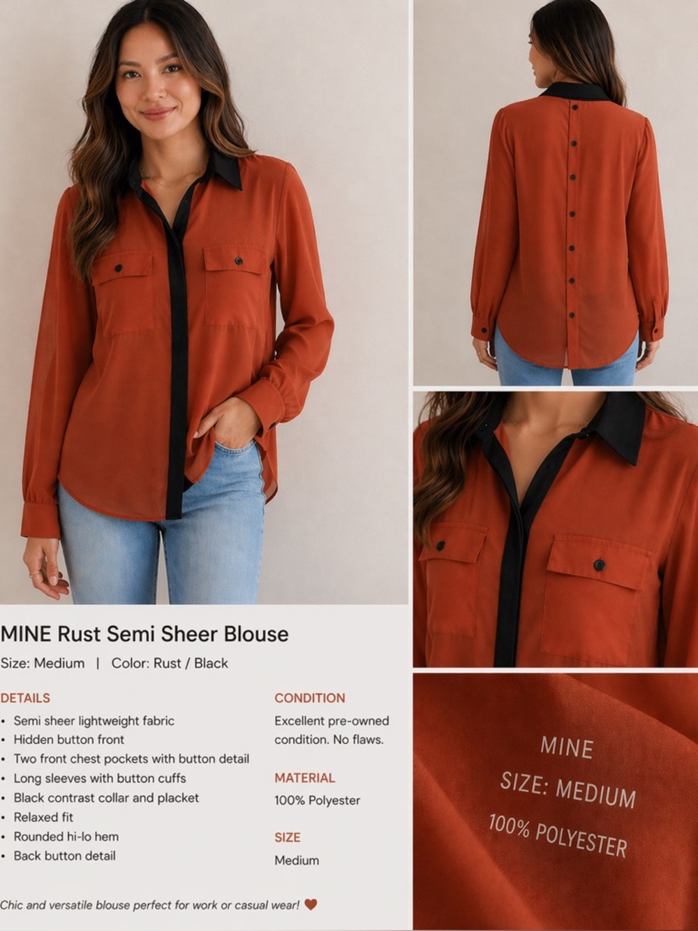 Mine Rust Semi Sheer Blouse Size Medium Black Contrast